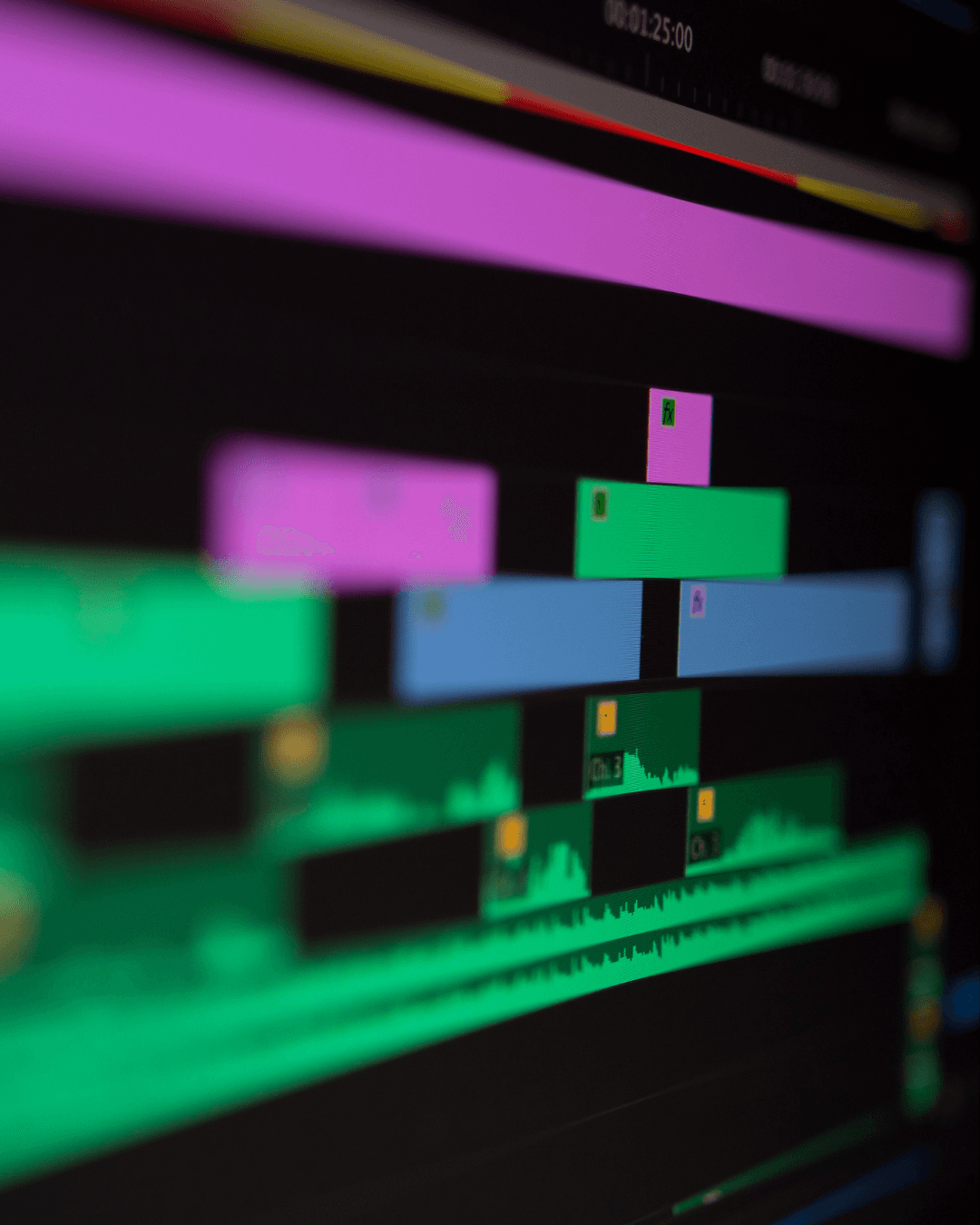 Colorful tracks on a video editing timeline